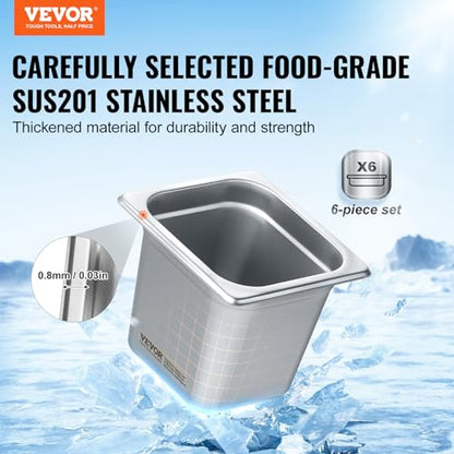 VEVOR 6 Pack Stainless Steel Hotel Pans - 1/6 Size 6-Inch Deep 0.8mm Thick Anti-Jam Commercial Food Pans for Steam Tables, Restaurants, Catering & Industrial Use - size: 1/6 Size, style: 6 Inch Deep Thickened