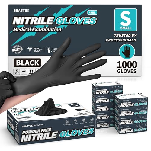 BEASTEK Black Nitrile Disposable Gloves, 4.0 Soft+™ Powder-Free 100 &1000CT - color: 1000 Black (Small)