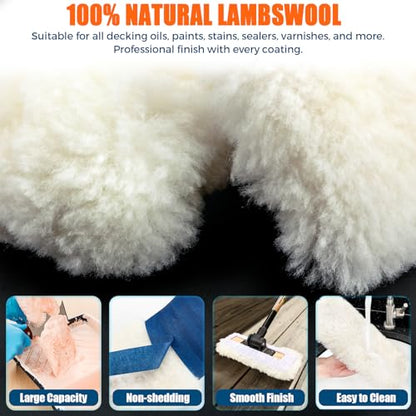 4 Pack 10 Inch Lambswool Applicator Kit, 180° Adjustable Lambskin Deck Stain Applicator, 100% Natural Lambswool Pads for Wood Deck, Fence, Floor Finish, Wax Staining, Polyurethane Application