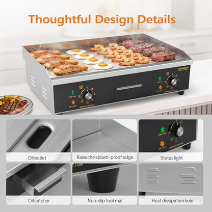 ROVSUN 26" Electric Griddle, Electric Countertop Half Flat Top Griddle, 3200W Grill Stainless Steel with Adjustable Temperature Control 122°F-572°F for Commercial Home Restaurant, Plug - size: 26"