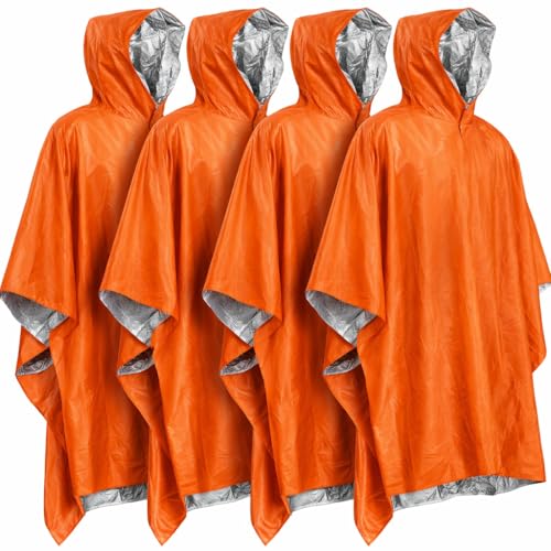 Emergency Mylar Poncho with Hood – Lightweight & Compact Survival Rain Poncho, Reusable Thermal Emergency Blanket for Hiking, Camping, Car Kit, Outdoor Gear (4 Pack)