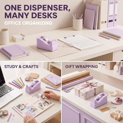 1 Pc Purple Cute Tape Dispenser Desk with Weighted Non-Skid Base, Heavy Duty Dispenser for Packaging in Office,Restaurant, Flower Shop, Scotch Tape Dispenser Desk