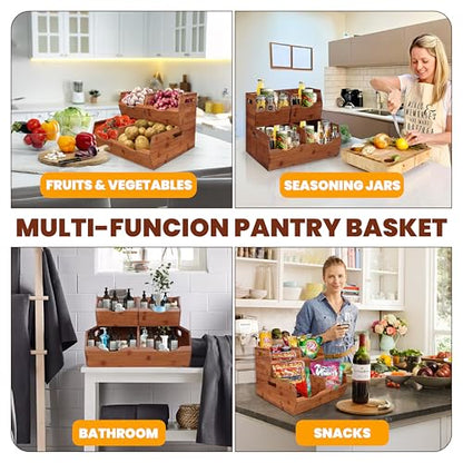 2-tier Stackable Bamboo Pantry Storage Bins, Potato & Onion Storage Baskets