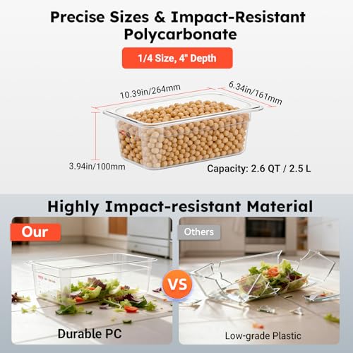 6-Pack 1/4 Size 4" Deep Polycarbonate Food Pans, NSF Commercial Clear Food Pan, Hotel Pan for Cold Food, Prep, Portion Control & Home Kitchen Use, Food-Grade with Erasable Markers & Label Area - color: 1/4 Size, size: 4" Deep