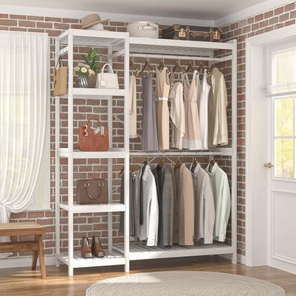 Homykic Bamboo Clothing Rack with 7 Adjustable Shelves, 2 Hang Rods, White - color: White, size: II Medium