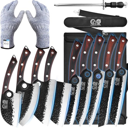 XYJ Professional Serbian Chef Knife Set with Roll Bag - color: Coffee