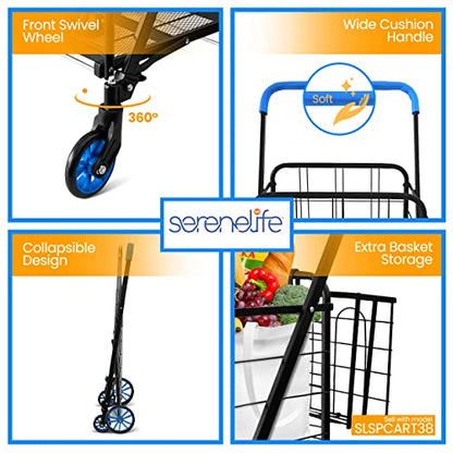 SereneLife Shopping Cart - Swivel Front Wheels, Portable and Collapsible Design, with Detachable Basket, Ideal for Grocery, Laundry, and Shopping, 110 lbs Weight Capacity