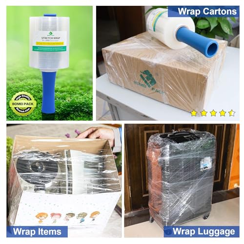 BOMEI PACK 4Pack Industrial Mini Clear Stretch Wrap Film, 5inch x 1100ft for Pallet Wrap with Plastic Handle, Heavy Duty Shrink Film for Packing, Moving, Packaging, 80 Gauge