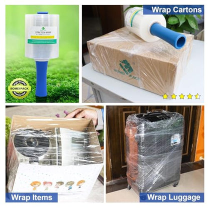 BOMEI PACK 4Pack Industrial Mini Clear Stretch Wrap Film, 5inch x 1100ft for Pallet Wrap with Plastic Handle, Heavy Duty Shrink Film for Packing, Moving, Packaging, 80 Gauge