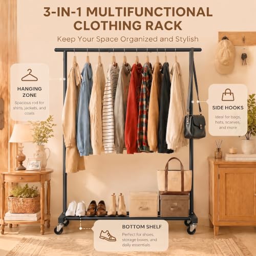 Calmootey Rolling Garment Rack, Sturdy Clothes Organizer for Bedroom - color: Black, style: Single Rod