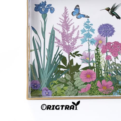 Serving Tray with Handles, Rectangular Plastic Tray 15.75x11.81 Inch, Wildflower, Butterflies & Hummingbirds Style Decorative Tray for Kitchen, Dining Table, Vanity, Office & Home - color: Green and Purple Wildflowers 1 Pc