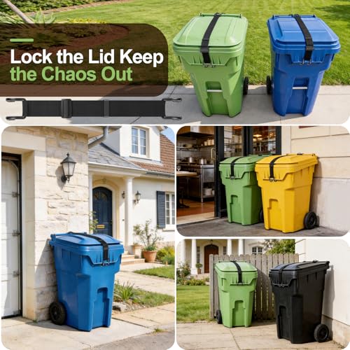 Trash Can Lid Lock Strap for Raccoons & Animals, Outdoor Garbage Can Lock with Double-Claw Hooks, Adjustable for 28-96 Gallon Bins, Windproof