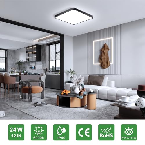 12Inch 24W Square LED Ceiling Light Fixtures Flush Mount, 6000K Cold White LED Ceiling Lamp, Surface Mount Modern Ceiling Lights, Black Slim Flat Panel Lighting for Bedroom, Kitchen, Bathroom - color: Cool White, size: 12 inch Black