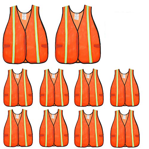 SIFE 10 Pack High Visibility Reflective Safety Vest,Made from Breathable and Neon Orange Mesh Fabric with Stretchable design,light weight for Man and Woman(Orange, 10 pack) - color: Orange