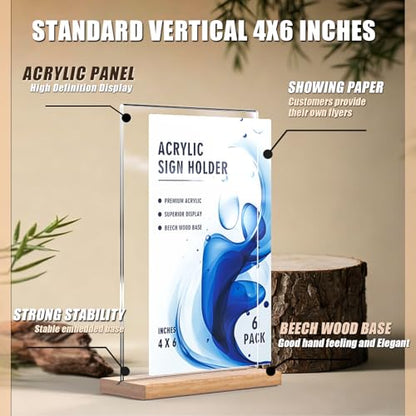 4×6 inch Acrylic Table Top Sign Holder with Beech Wood Base – Double-Sided Menu Display Stand, QR Code Frame, Small Table Sign for Restaurant & Wedding(6pack)
