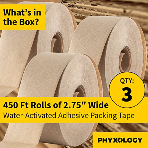 Ultra Durable Water-Activated Tape for Secure Packing 3Pk. 2.75 in, 450 Ft Brown Kraft Gum Tape Provides Heavy Duty Adhesive for Packaging and Shipping. Fiberglass Reinforced for Extra Strong Bond.