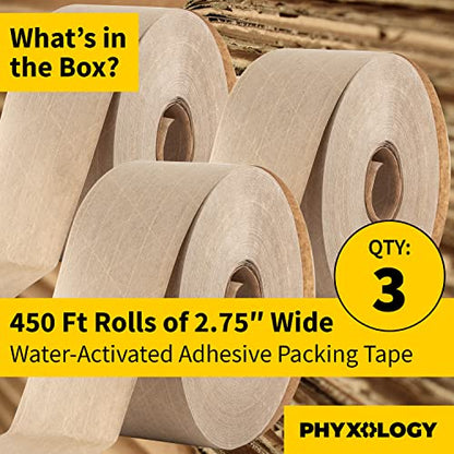 Ultra Durable Water-Activated Tape for Secure Packing 3Pk. 2.75 in, 450 Ft Brown Kraft Gum Tape Provides Heavy Duty Adhesive for Packaging and Shipping. Fiberglass Reinforced for Extra Strong Bond.
