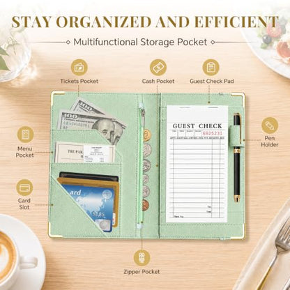 Server Book,7 Pocket Zipper Organizer,Server Books for Waitress - color: Green