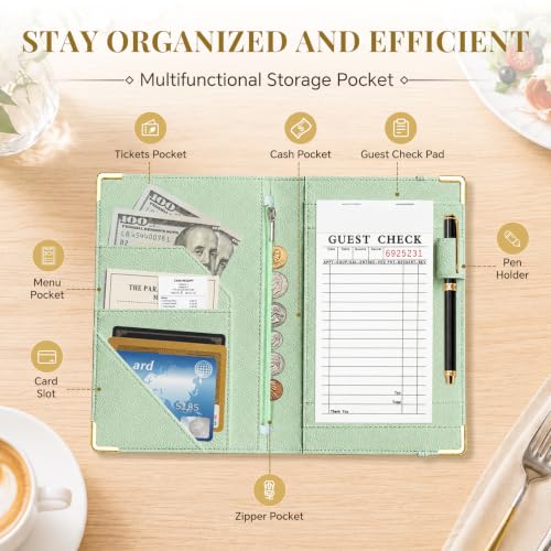 Server Book,7 Pocket Zipper Organizer,Server Books for Waitress - color: Green