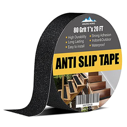 Grip Tape - Heavy Duty Anti Slip Tape 80 Grit Non Slip for Stairs Outdoor/Indoor, Waterproof High Traction Stairs Non Skid Treads, Durable Triple Layer Adhesive - Black (1 Inch x 20 Feet) - size: 1 Inch x 20 Feet