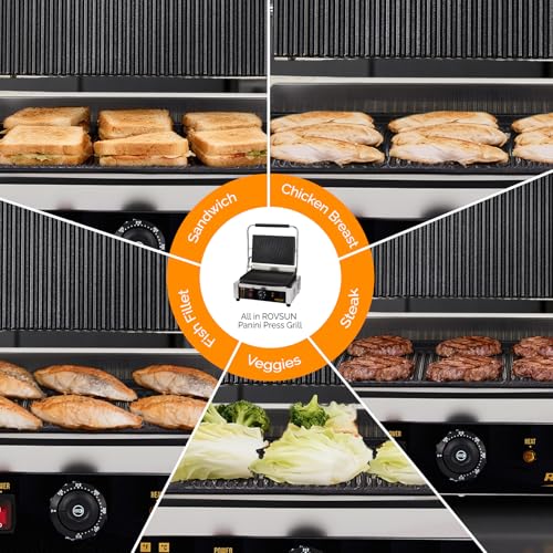 Bonnlo 811E Commercial Sandwich Make, 2200W Stainless Steel Countertop Panini Press Grill with Adjustable Temp 122°F–572°F, For Steak, Burgers, Home & Restaurant Use, 110V, Silver - size: 12.2"D x 16.7"W x 8"H