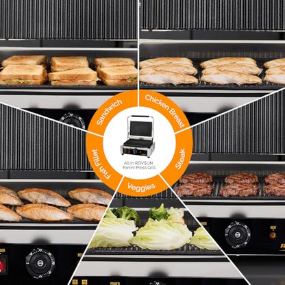 Bonnlo 811E Commercial Sandwich Make, 2200W Stainless Steel Countertop Panini Press Grill with Adjustable Temp 122°F–572°F, For Steak, Burgers, Home & Restaurant Use, 110V, Silver - size: 12.2"D x 16.7"W x 8"H