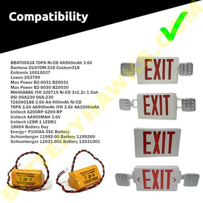 6200RP 3.6v 900mAh Battery Replacement Exit Sign Emergency Light NiCad OSA230 253799 AA900MAH 6200-RP LEDR-1