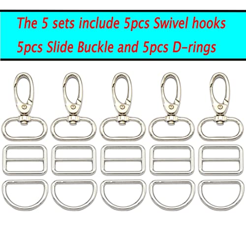 Rainbow Swivel Hook Claw Clasp - 25mm Slide Strap Buckle D Ring Adjuster Buckle for Dog Collar Backpack Purse Hardware - color: Silver 5 Sets