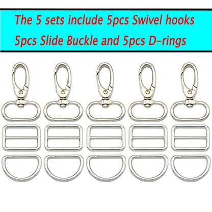 Rainbow Swivel Hook Claw Clasp - 25mm Slide Strap Buckle D Ring Adjuster Buckle for Dog Collar Backpack Purse Hardware - color: Silver 5 Sets