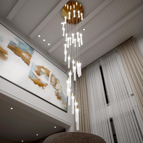 30-Light High Ceiling Chandeliers Large Crystal Column Chandelier Long Spiral LED Dimmable Chandeliers for Foyer Living Room Staircaes Entrance Gold D28in x H177in - color: Gold, size: 30-Light