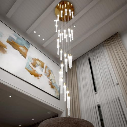 30-Light High Ceiling Chandeliers Large Crystal Column Chandelier Long Spiral LED Dimmable Chandeliers for Foyer Living Room Staircaes Entrance Gold D28in x H177in - color: Gold, size: 30-Light