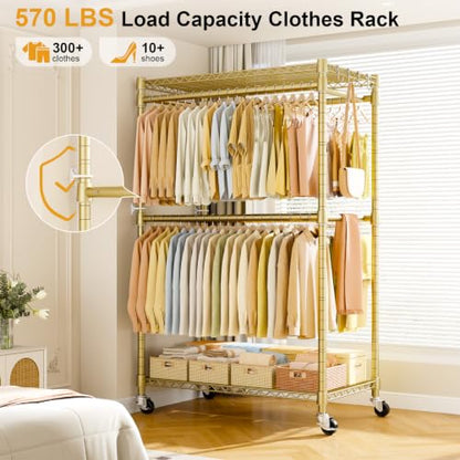 ULIFHOME Rolling Clothes Rack, Clothing Racks for Hanging Clothes, Gold - color: Gold, size: P4 Plus