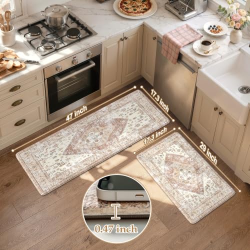 KIMODE Farmhouse Kitchen Mats Cushioned Anti Fatigue Khaki Kitchen Rugs 2Pc - color: Light Khaki, size: 17.3" x 47 "+ 17.3" x 29 "--0.47 inches