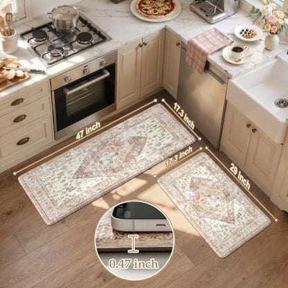 KIMODE Farmhouse Kitchen Mats Cushioned Anti Fatigue Khaki Kitchen Rugs 2Pc - color: Light Khaki, size: 17.3" x 47 "+ 17.3" x 29 "--0.47 inches