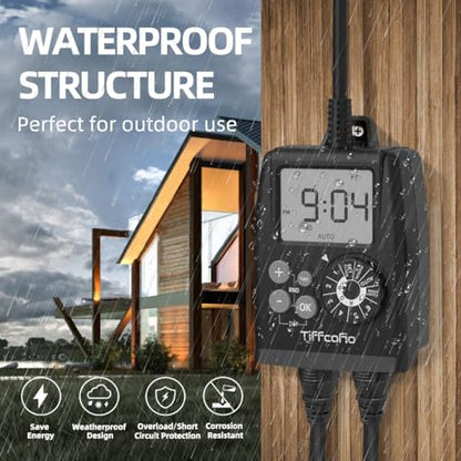 TiFFCOFiO Digital Outdoor Timer Outlet, Dial Programmable Method, Outdoor Light Timer Waterproof, 2 Grounded Electrical Outlets for Pool Pump, 6 Sets of Programs, 15A/1875W (1 Pack) - size: Digital, 1 PACK