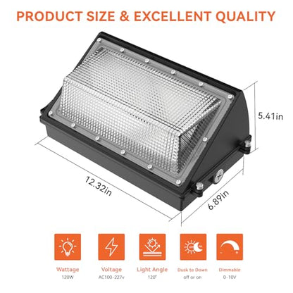 OKQ 120W LED Wall Pack Light with Dusk-to-Dawn Sensor, 18000LM 5000K LED Security Flood Lighting,120V Outdoor LED Wall Lights for Warehouse, Building, Yard Factory,Garage,Parking Lots - size: 5000K 120W 1PACK