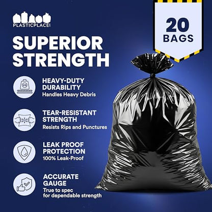 Plasticplace Contractor Garbage Bags: 55 Gallon Trash Bags Heavy Duty, Big Black Trash Bags, 36"x58", 6.0 Mil, Pack of 20 - color: Black, size: 20 Count (Pack of 1)