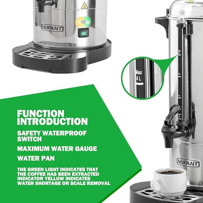 NUPANT Commercial Coffee Urn 50 Cup/8L Coffee Dispenser with Upgraded Percolator, 304 Stainless Steel Hot Water Urn Beverage Dispenser with Keep Warm Mode, Large Coffee Maker for Catering Party - size: 50 Cup