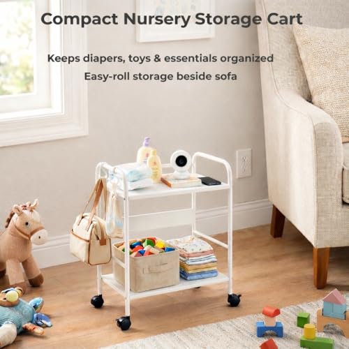 2-Tier Metal Rolling Cart, Compact Under Desk Storage Organizer - color: White