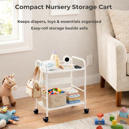 2-Tier Metal Rolling Cart, Compact Under Desk Storage Organizer - color: White