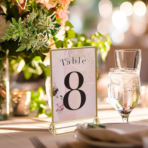 UNIQOOO Acrylic Sign Holders with Golden Border, Portrait View, Pack of 6 | 4x6 Inches Double Sided Clear Frame, Perfect for Wedding reception, Centerpiece, Decoration, Party,Anniversary, Event - size: 4x6",6Pack