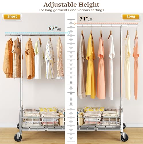 Raybee heavy duty clothes rack with wheels, 485LBS, Bottom Storage Basket - color: Chrome, style: Single Rod