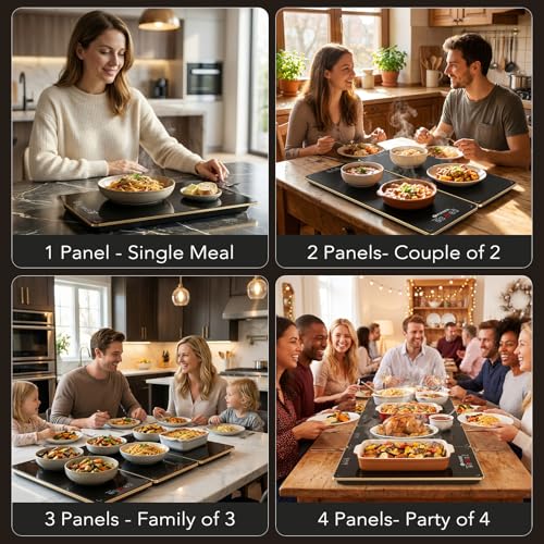Electric Warming Tray for Buffet Party - 4 Panels Electric Glass Top Heating Plate, 8 Level Temp Control Easy Clean Surface Overheat Protection and Timer: for Busy Hosts Party Dinners and Holiday Meal - color: 4-Black