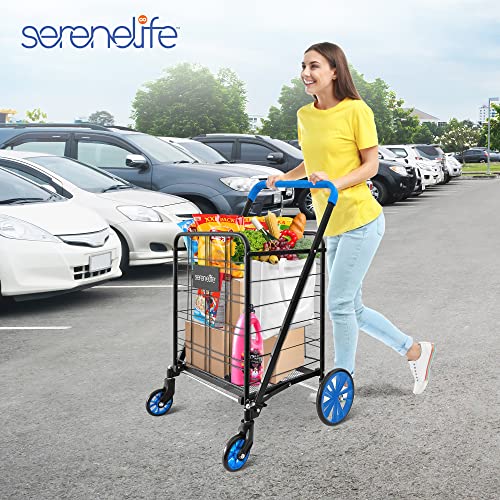 SereneLife Shopping Cart - Swivel Front Wheels, Portable and Collapsible Design, with Detachable Basket, Ideal for Grocery, Laundry, and Shopping, 110 lbs Weight Capacity