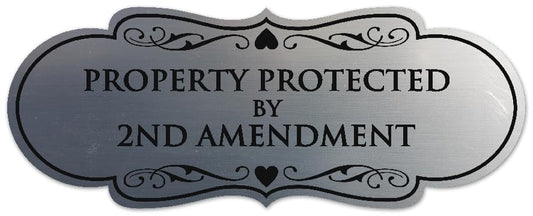 Signs ByLITA Designer Property Protected by 2nd Amendment Sign - Easy Installation | Durable Wall or Door Sign (Brushed Silver) - Small - color: Brushed Silver, size: Small (2" x 5")