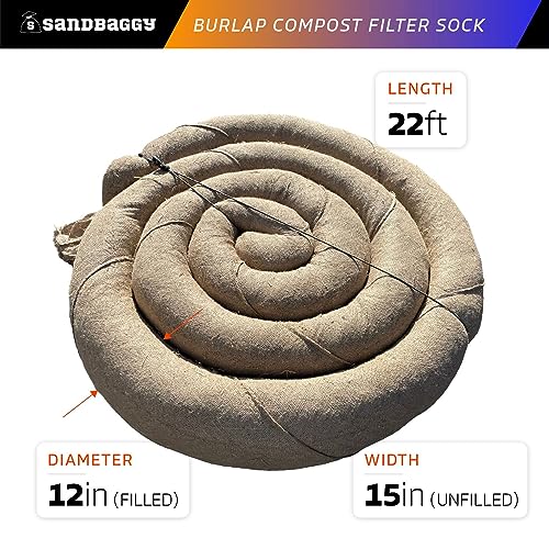 Sandbaggy Empty Compost Filter Sock | Sediment & Erosion Control Tubular Device | Wattles, Logs & Composite Socks | 100% Biodegradable Burlap | Meets DOT Requirements (1, 12 inch x 22 ft)
