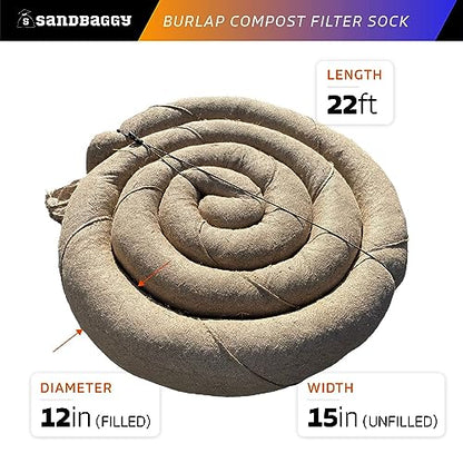 Sandbaggy Empty Compost Filter Sock | Sediment & Erosion Control Tubular Device | Wattles, Logs & Composite Socks | 100% Biodegradable Burlap | Meets DOT Requirements (1, 12 inch x 22 ft)