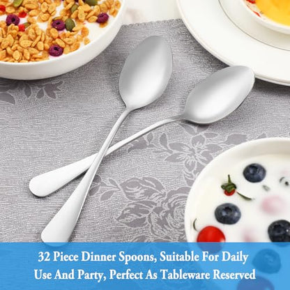 32 Pcs Dinner Spoon Set,Premium Food Grade Stainless Steel Spoons,Durable Metal Spoon,Tablespoon,Spoons Silverware Only,Mirror Finish & Dishwasher Safe,Use for Home,Kitchen and Restaurant - 7.3 inch - color: Silver