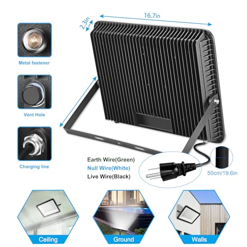 YANYCN 300W LED Flood Light Outdoor,2000W Equivalent 5000K Daylight White Super Bright FloodLight with Plug,43500LM IP66 Waterproof Commercial Lighting for Sports Fields,Counts,Arena,Stadium - color: 300W led flood light 1pack