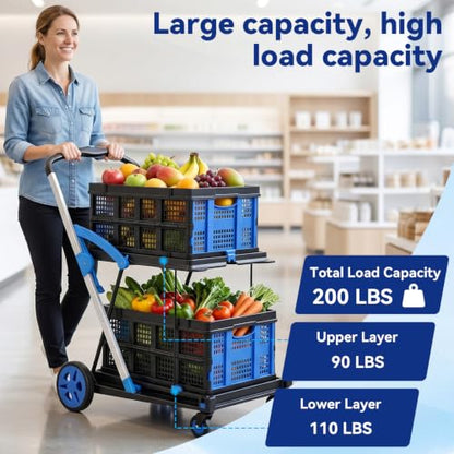 Collapsible Shopping Cart with Wheels, 200 lbs Capacity Grocery Cart